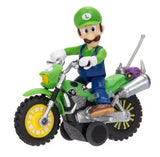 Close-up of Luigi riding the green motorcycle against a white background, showing his green cap, blue overalls, brown shoes and the motorcycle's silver engine.