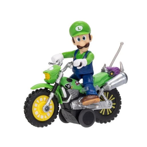 Luigi sitting on his green motorcycle facing left, with yellow wheel rims, silver handlebars, rear exhaust pipes and black pull back mechanism.
