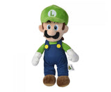 Super Mario Luigi plush soft toy standing upright, front view showing green cap with embroidered L, blue overalls with yellow buttons, green top and brown shoes