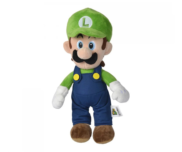 Super Mario Luigi plush soft toy standing upright, front view showing green cap with embroidered L, blue overalls with yellow buttons, green top and brown shoes