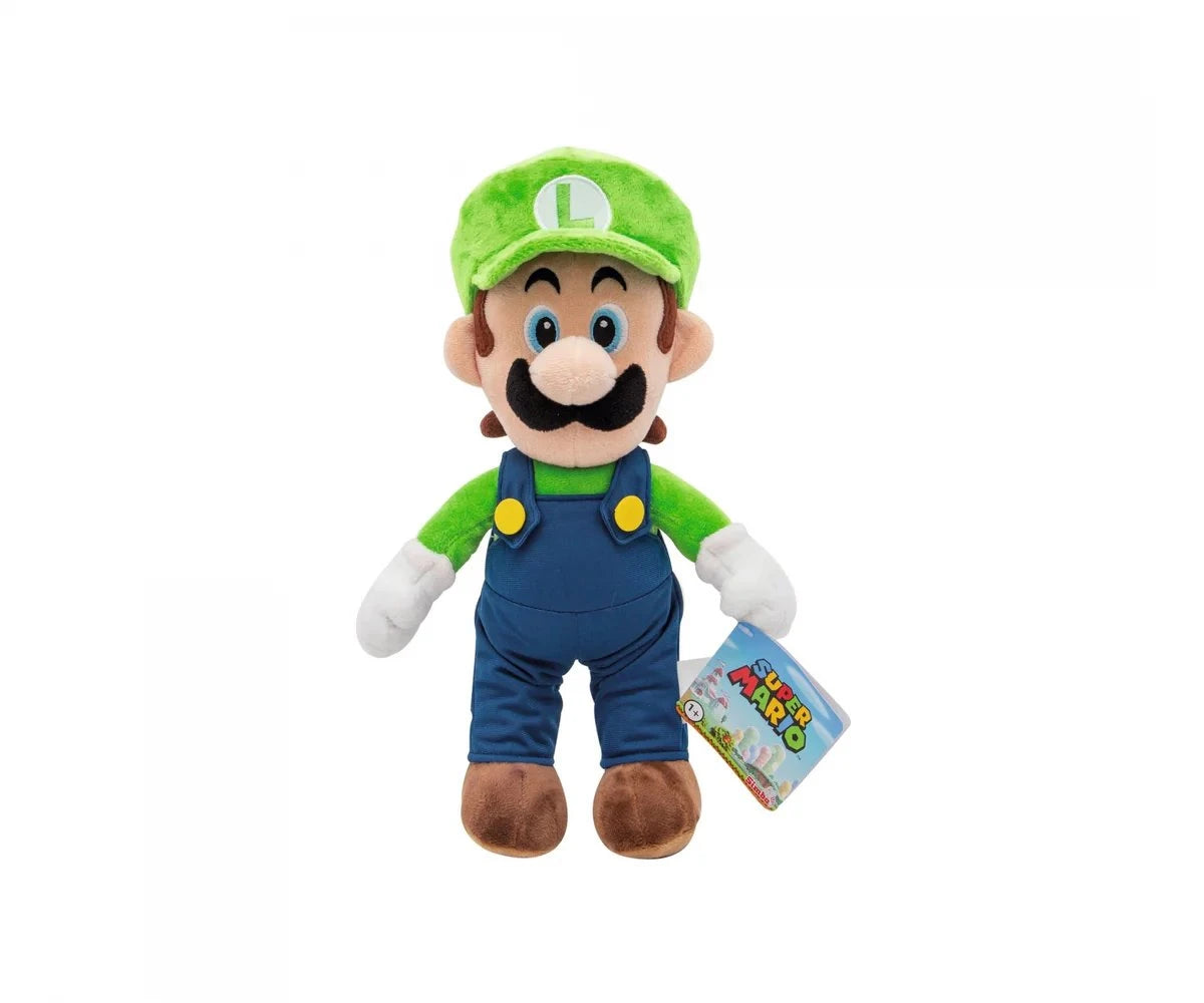 Super Mario Luigi plush toy front view with official Simba Toys Super Mario swing tag attached, showing blue overalls, green top and white gloved hands