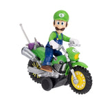 Super Mario Galaxy Movie Luigi figure riding a green motorcycle facing right, showing yellow wheels, silver exhaust pipes and black pull back mechanism.