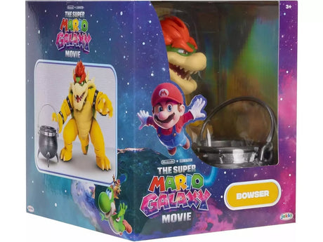 Front of the Super Mario Movie Bowser 6 inch figure packaging showing the boxed figure and cauldron accessory.