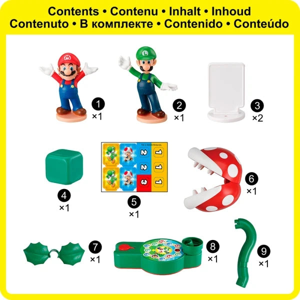 Super Mario Piranha Plant Escape contents shown laid out with figures, dice, labels and game parts