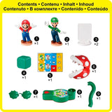 Super Mario Piranha Plant Escape contents shown laid out with figures, dice, labels and game parts