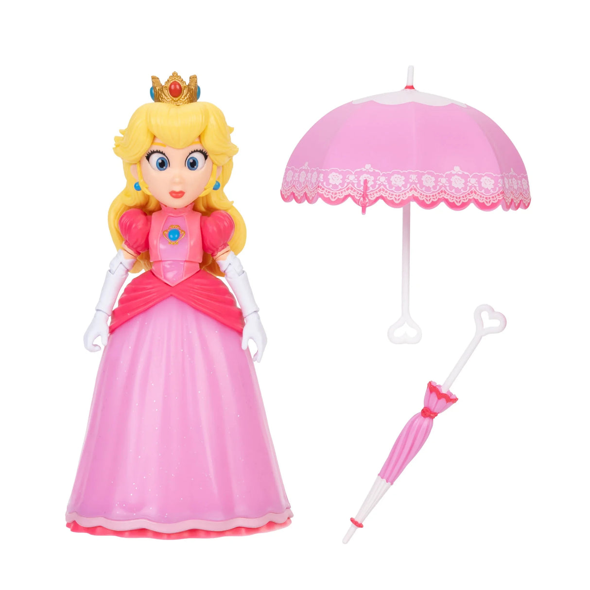 Princess Peach figure standing beside the open pink parasol and closed parasol accessories