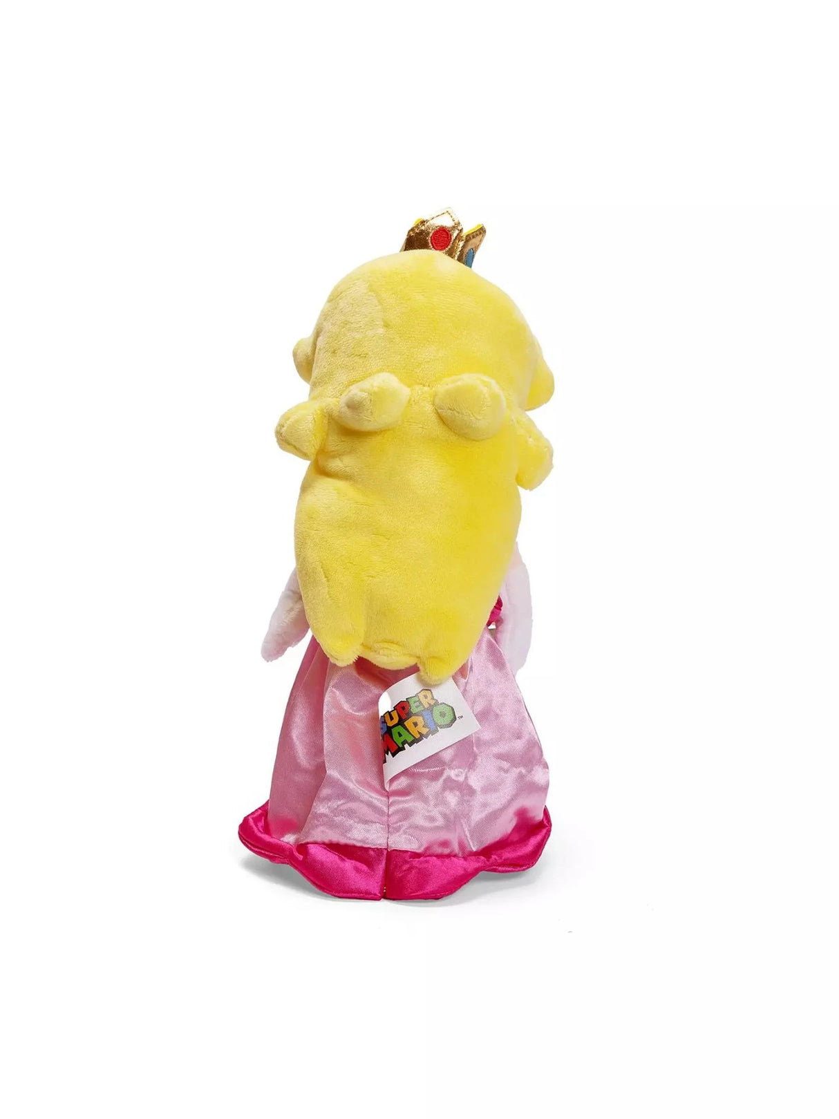Super Mario Princess Peach plush rear view showing yellow plush hair detail, gold crown, pink and hot pink satin dress and Super Mario swing tag