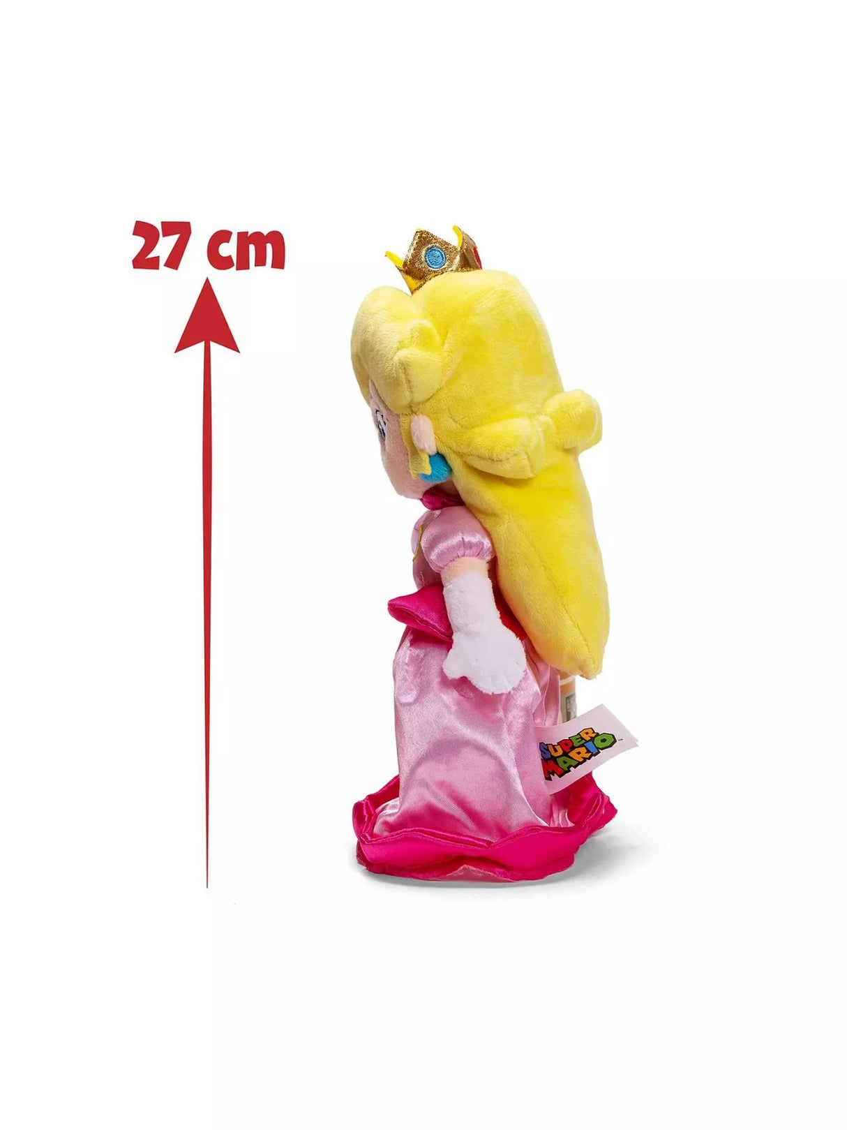 Super Mario Princess Peach plush side view with 27cm height indicator, showing the full length of the pink satin dress, blonde hair and gold crown with Super Mario swing tag visible