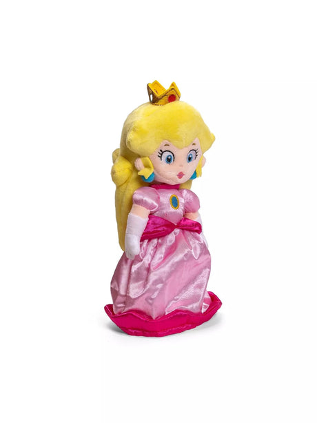 Super Mario Princess Peach plush three-quarter view showing embroidered face, gold crown with red gem, blue brooch detail on pink dress and long blonde hair