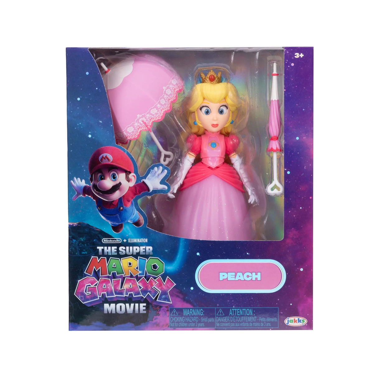 The Super Mario Galaxy Movie Princess Peach figure in window box packaging with parasol accessories visible