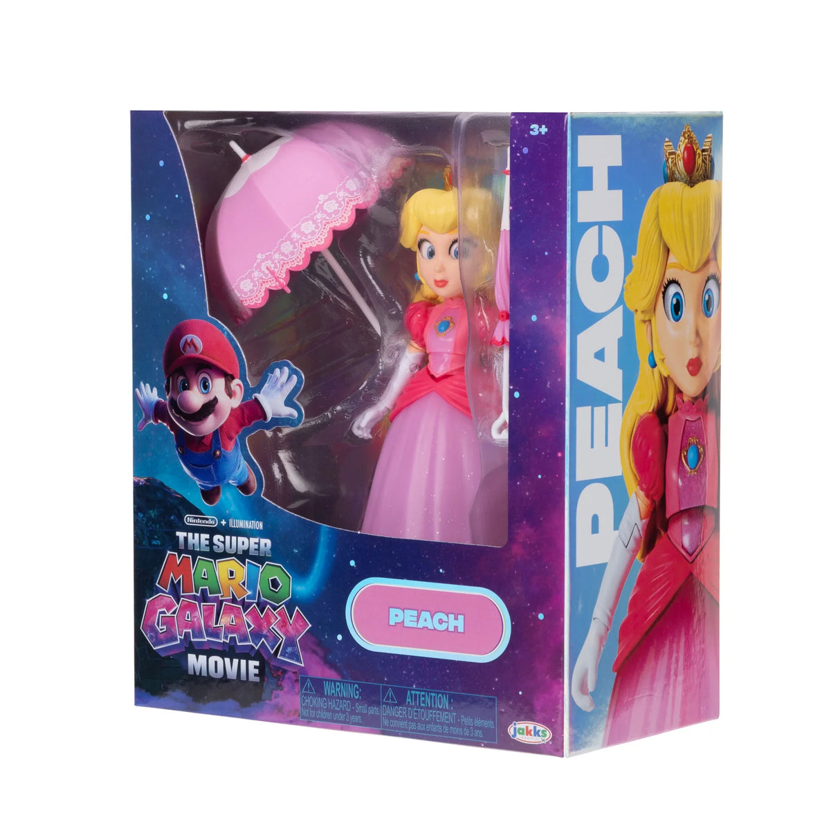 Princess Peach figure and parasol accessories in The Super Mario Galaxy Movie packaging viewed from the right
