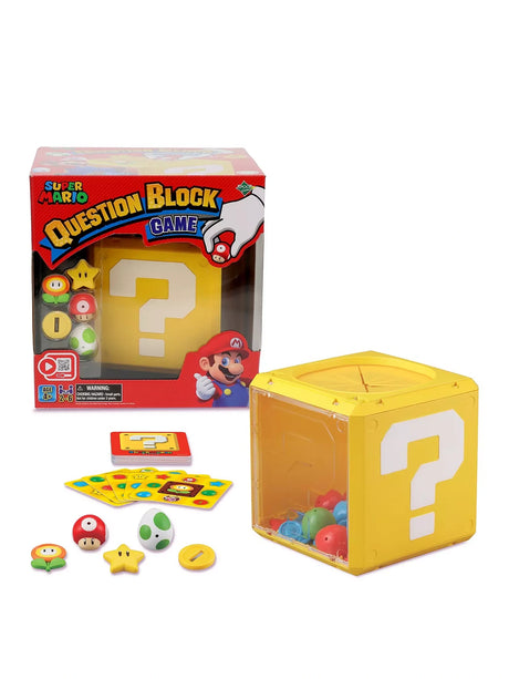 Super Mario Question Block Party Game box with the Question Block unit, stack of cards, yellow game cards and item pieces including a Fire Flower, Super Star, mushroom, egg and coin