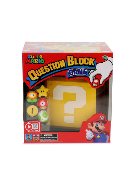 Front of the Super Mario Question Block Party Game box showing the Question Block, item piece graphics and Mario artwork