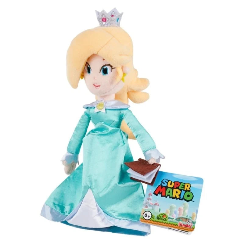 Super Mario Rosalina 27 cm soft toy photographed at an angle, showing her blonde hair, crown and turquoise dress.