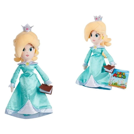 Super Mario Rosalina plush positioned sideways against a white background, showing her turquoise dress and blonde hair.