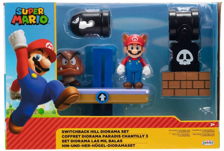 Super Mario Switchback Hill Diorama Set box front with Raccoon Mario, Goomba and Bill Blaster