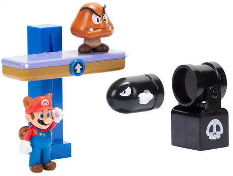 Super Mario Switchback Hill Diorama Set angled view with lift platform, Bullet Bill and Bill Blaster