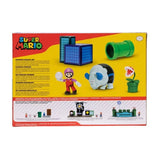 Back of the Super Mario Wonder Diorama box showing Bubble Mario, Bulrush, Piranha Plant, pipe and block pieces