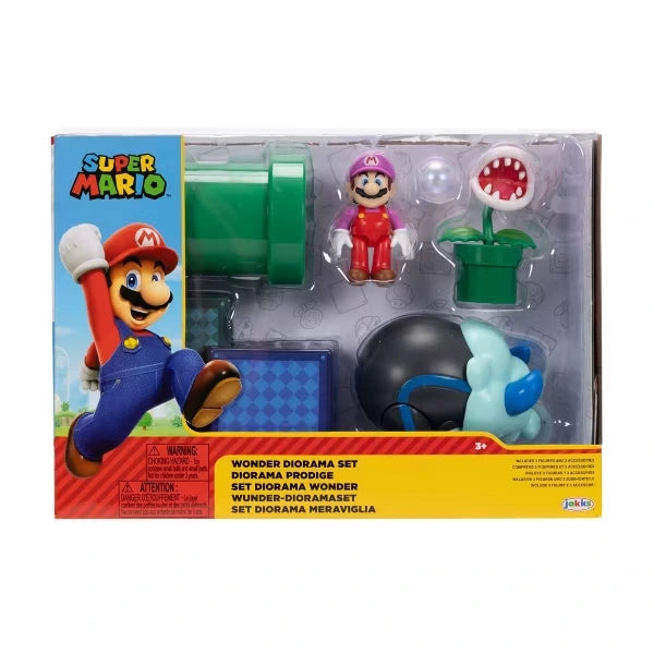 Front of the Super Mario Wonder Diorama box with Bubble Mario, Bulrush, Piranha Plant, green pipe and blocks visible
