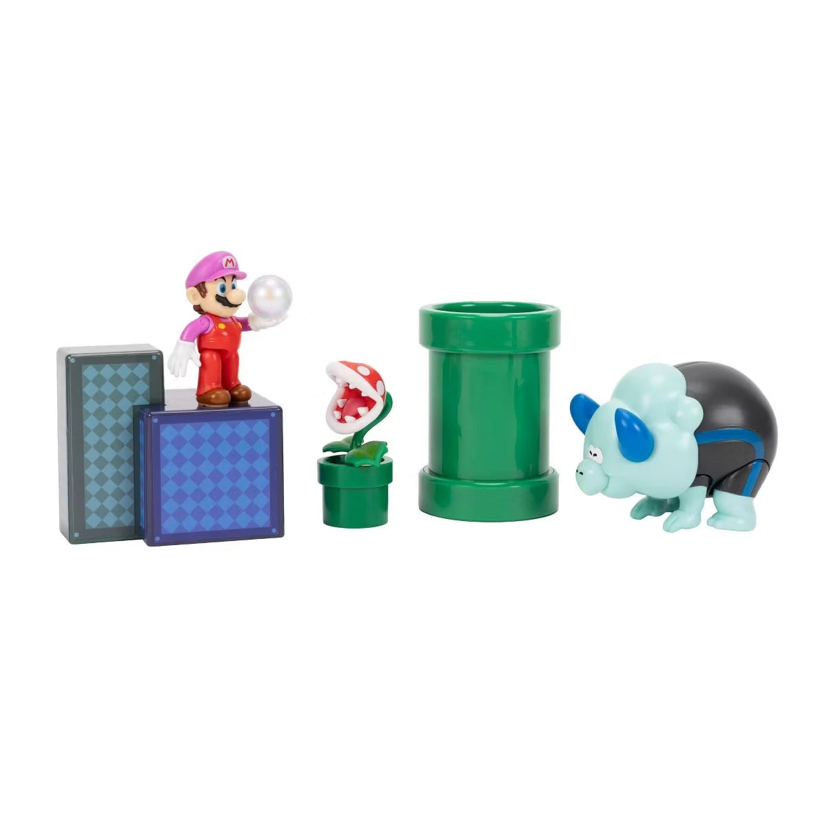 Bubble Mario, Piranha Plant, Bulrush, green warp pipe and two blocks from the Super Mario Wonder Diorama set