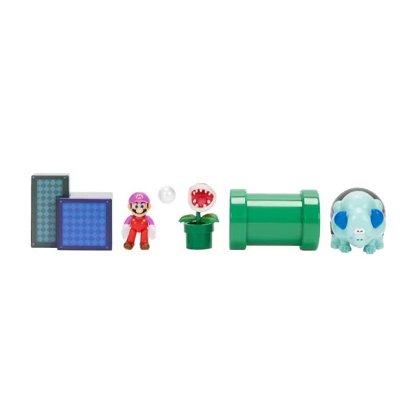 Super Mario Wonder Diorama pieces lined up with Bubble Mario, Piranha Plant, green pipe, Bulrush and two blocks