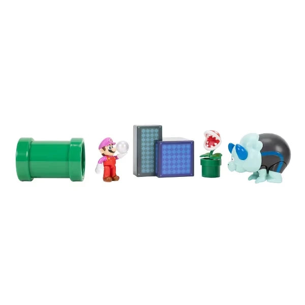 Green warp pipe beside Bubble Mario, two blocks, Piranha Plant and Bulrush from the Super Mario Wonder Diorama set