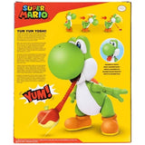 Back of Super Mario Yum Yum Yoshi packaging showing the figure using its extended tongue with the red fruit accessory