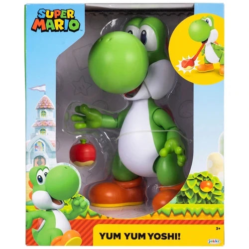 Super Mario Yum Yum Yoshi figure in window box packaging with the red fruit accessory visible