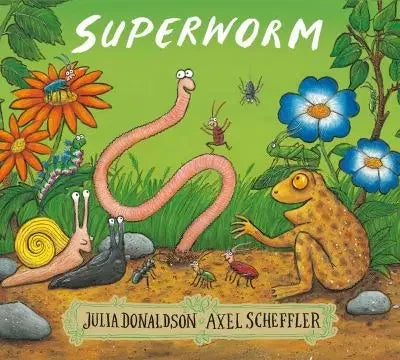 Storybook cover of Superworm with Superworm stretched out among flowers, snails and a frog in Ireland