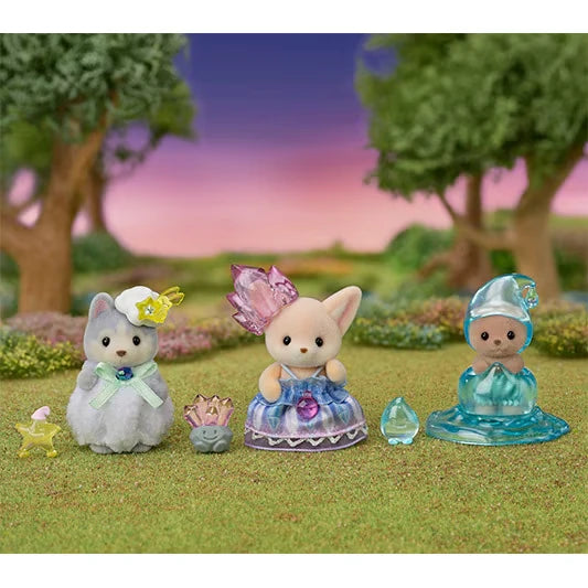 Sylvanian Families fairy babies standing in a grassy flower garden, showing the husky's white costume, the fennec fox's purple dress and the sea otter's translucent blue water droplet costume.