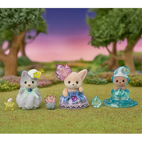Sylvanian Families fairy babies standing in a grassy flower garden, showing the husky's white costume, the fennec fox's purple dress and the sea otter's translucent blue water droplet costume.