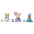 Sylvanian Families Enchanted Fairy Babies showing a grey husky in a white costume, a fennec fox in a purple dress and a sea otter baby in a blue water droplet costume, with three miniature magical friends.