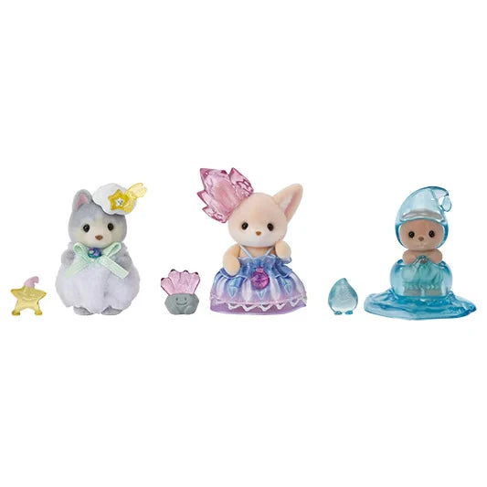 Sylvanian Families Enchanted Fairy Babies showing a grey husky in a white costume, a fennec fox in a purple dress and a sea otter baby in a blue water droplet costume, with three miniature magical friends.