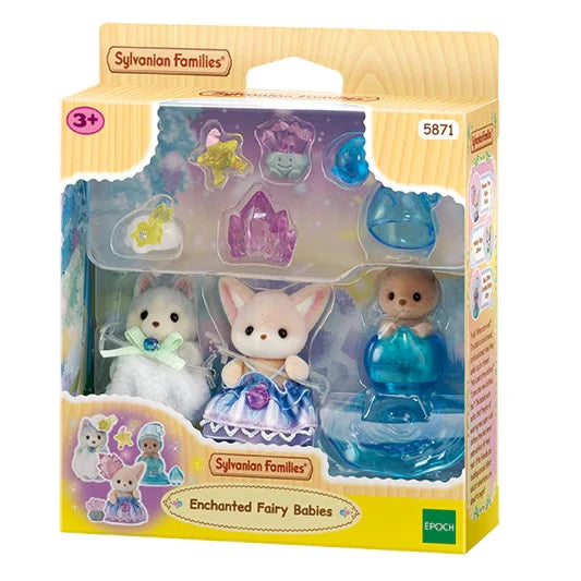 Sylvanian Families Enchanted Fairy Babies retail packaging showing three animal baby figures, fairy costumes, matching magical friends and product number 5871.