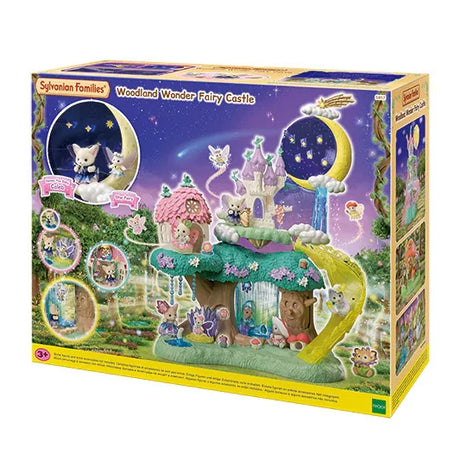 Sylvanian Families Woodland Wonder Fairy Castle retail packaging showing the castle, crescent moon, slide, woodland features and Fennec Fox baby figures.