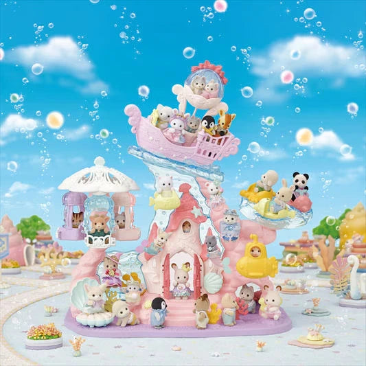 Sylvanian Families Baby Mermaid Castle shown in an undersea scene with small animal figures, rides and accessories