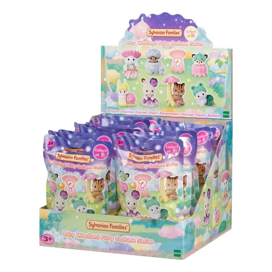 Sylvanian Families Baby Woodland Fairy Costume Series display box shown with blind bags and character images