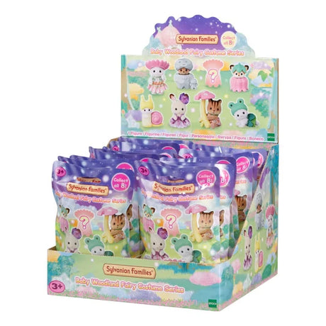 Sylvanian Families Baby Woodland Fairy Costume Series display box shown with blind bags and character images
