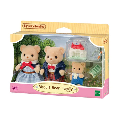 Sylvanian Families Biscuit Bear Family figures shown in front packaging with small accessories visible