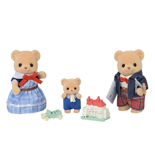 Three Biscuit Bear figures shown with a toy car, model house and small accessories on a white background