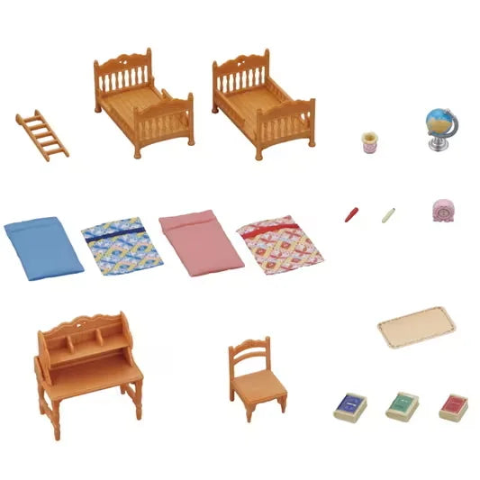 Sylvanian Families Children’s Bedroom Set accessories including beds, desk, chair, globe, and books in Ireland.