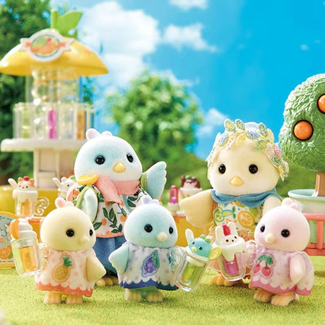 Citrus Bird figures shown in an outdoor park scene with other Sylvanian figures visible