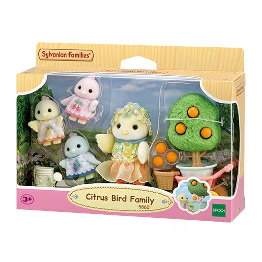 Sylvanian Families Citrus Bird Family figures shown in front packaging with tree and cart accessories visible