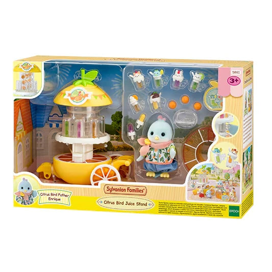 Sylvanian Families Citrus Bird Juice Stand shown in front packaging with figure and accessories visible
