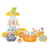 Sylvanian Families Citrus Bird Juice Stand shown with blue bird figure, orange counter and small accessories on a white background