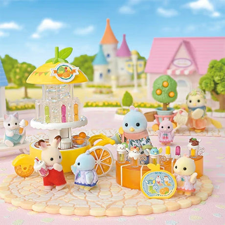 Sylvanian Families Citrus Bird Juice Stand shown in a village scene with animal figures and juice accessories
