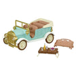 Sylvanian Families Classic Family Car with brown seats, gold front, removable pram seat, suitcase picnic table and accessories on a white background.