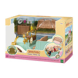 Sylvanian Families Classic Family Car in its original retail packaging, showing the mint green and gold car with accessories.