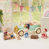 Sylvanian Families Classic Family Car with animal passengers, figures standing beside the vehicle, a pram and brown suitcase.