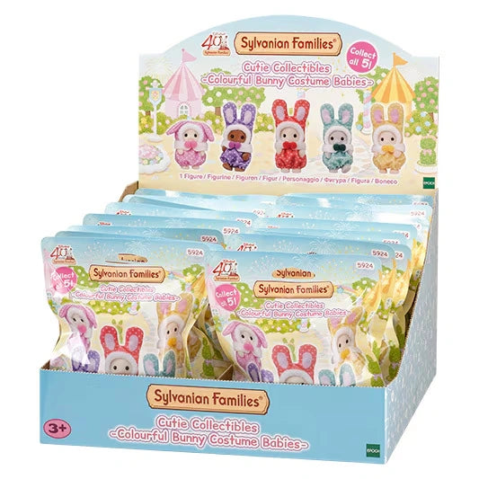 Sylvanian Families Colourful Bunny Costume Babies 5924 packaging with printed product information.
